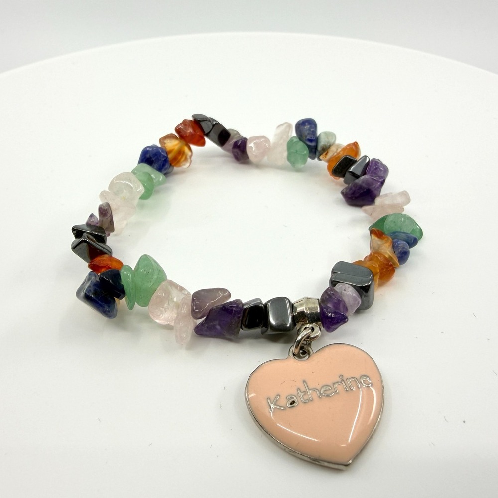 Multicolor Chip Bead Stretch Bracelet Katherine Heart Charm Personalized Boho
